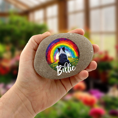 Rainbow Border Collie Personalised Pebble